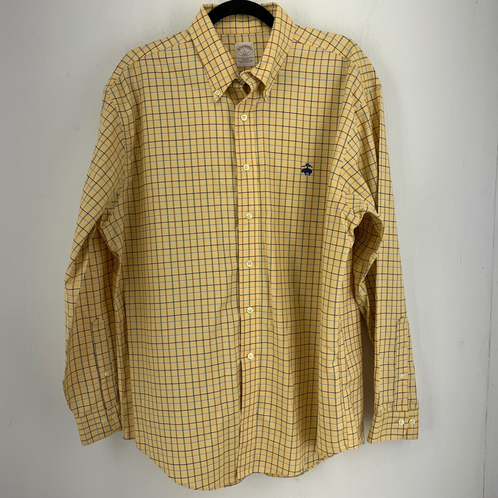 Brooks Brothers Mens Large Yellow Plaid Non-Iron Supima Cotton Polo Shirt Preppy